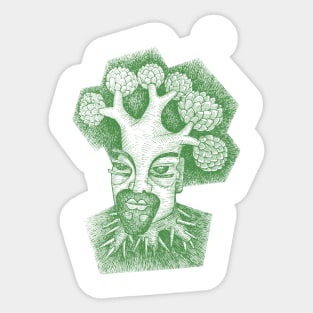 Forest God Soul Expression with Side Profile of a Man and His Head with Leafy Tree Branches Hand Drawn Illustration with Pen and Ink Cross Hatching Technique 3 Sticker